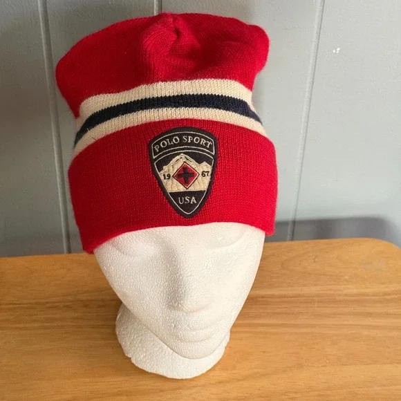 90s Y2K Vtg Polo Sport Ralph Lauren Retro Ski Beanie Tassel Hat USA Shield Patch